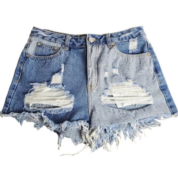 Missguided Ripped Two-Tone Denim Shorts - Picture 2 of 11